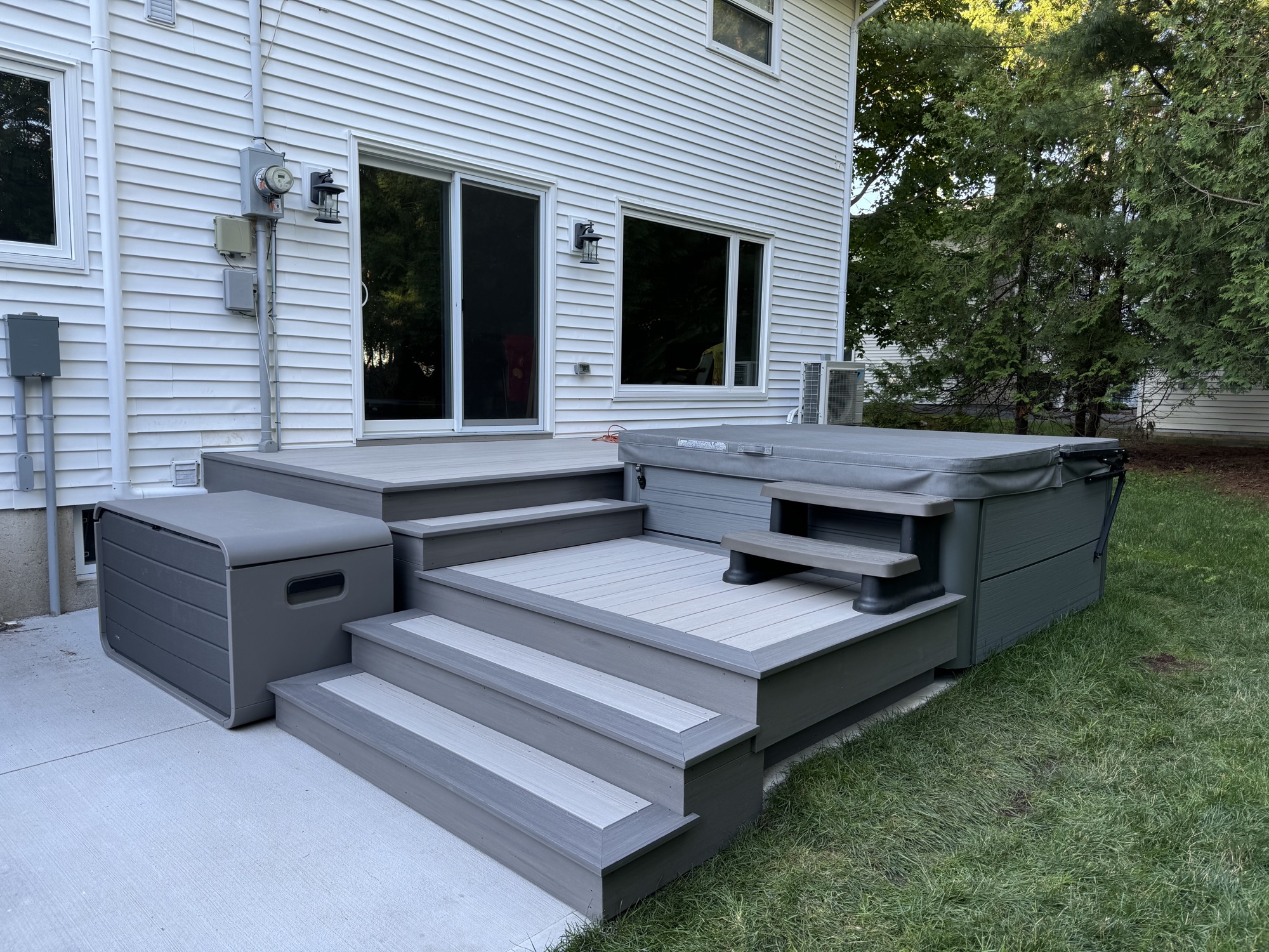 Spacious backyard deck with composite decking.